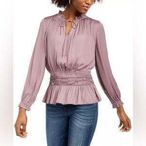 Current Air Smocked Peplum Blouse XS Purple Ruffle Neck Tie Long Sleeve Top